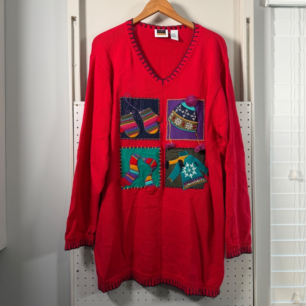 CST Sport Vintage Red Christmas Sweater Women 1X Winter Applique Sequin V-Neck